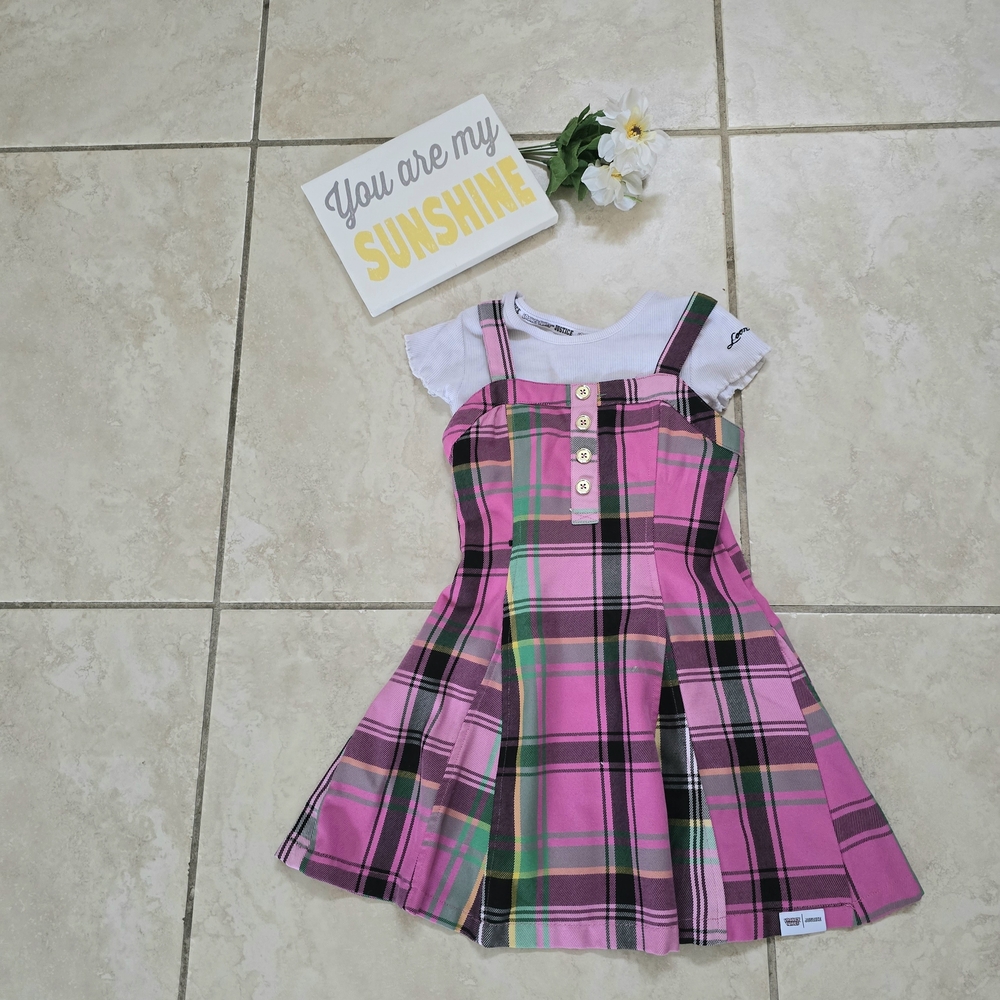 Justice Pink Plaid Pinafore Dress with White Tee